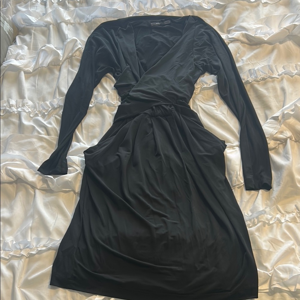 BCBGMaxAzria Black Ruched Wrap Dress Long Sleeve V-Neck